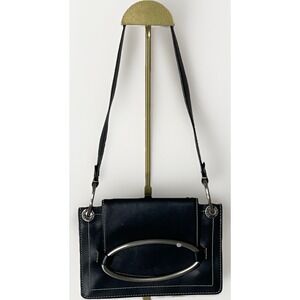 DKNY Y2K Black Leather Shoulder Bag Silver Oval Hardware Flap Purse Handbag